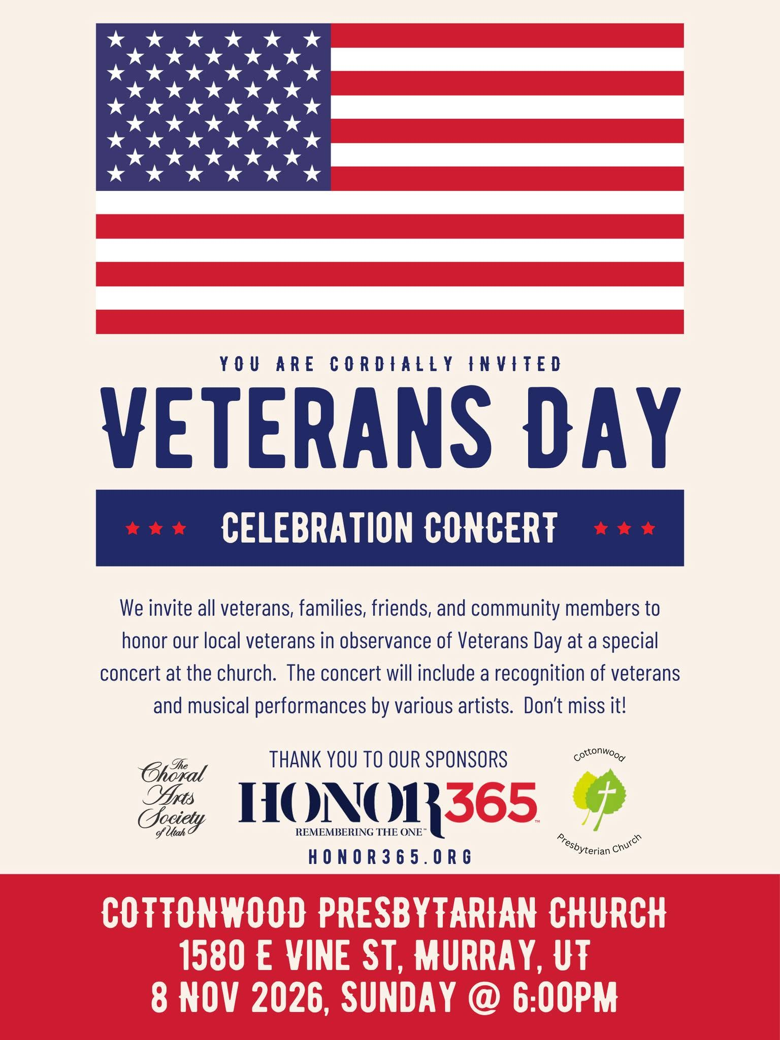 Veterans Day Celebration Concert flyer, November 8, 2026, at 6 p.m.