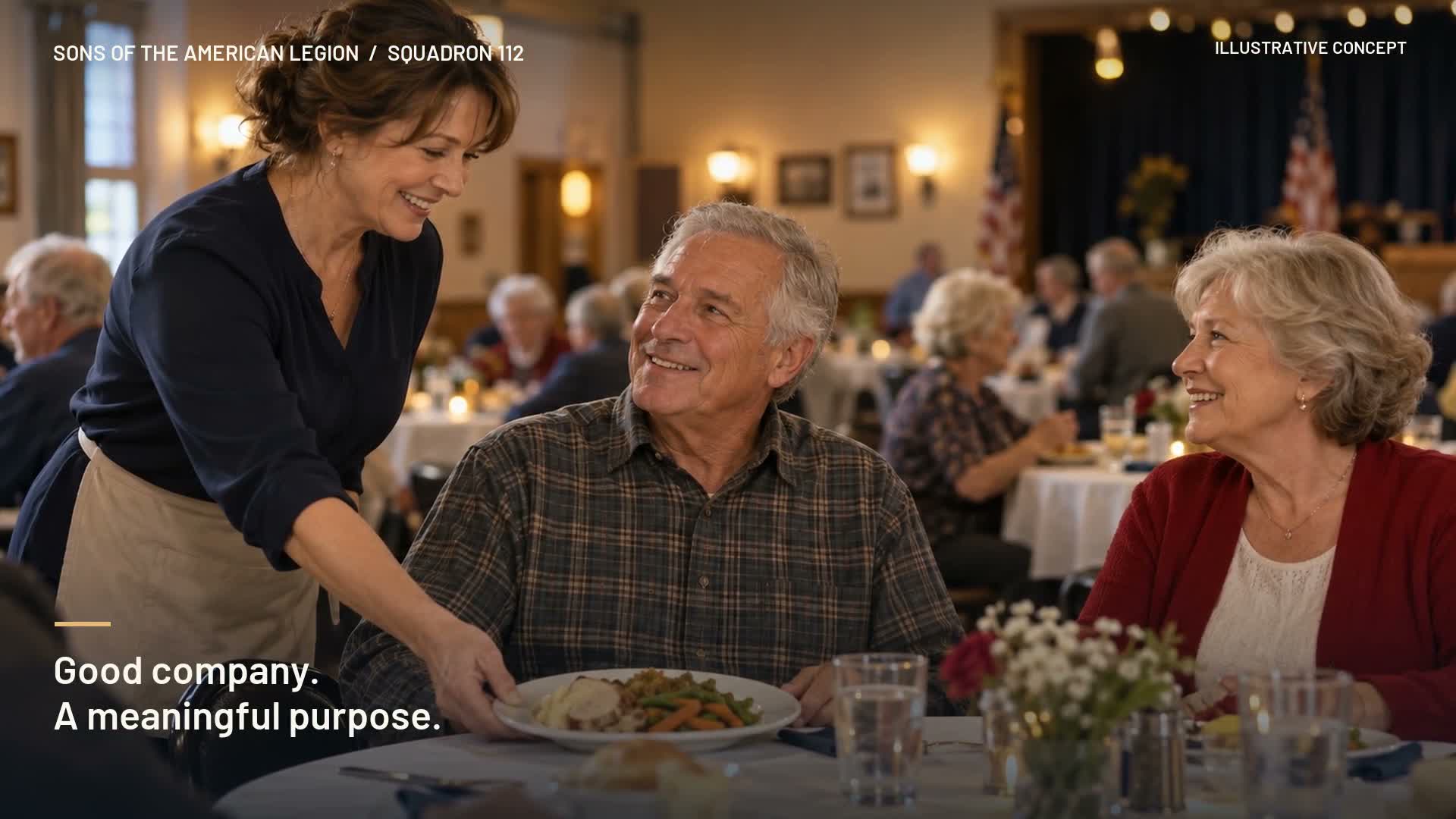 Illustrative scene of guests sharing a meal at a casual fundraiser